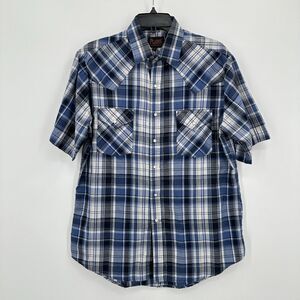 Vtg Plains Westernwear‎ Shirt Mens M Blue White Plaid Pearl Snap Cowboy Country